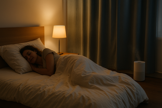 Peaceful bedroom at night with a person sleeping under warm light while a white air purifier runs quietly near the bed, symbolizing cleaner air for better sleep.