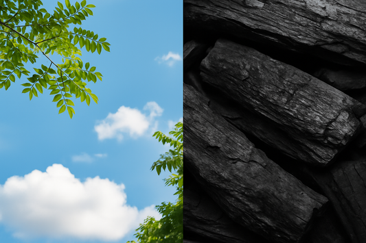 A symbolic image showing the contrast between clean blue sky and dark carbon texture, representing HEPA vs. Carbon filters comparison for AquaNest blog.