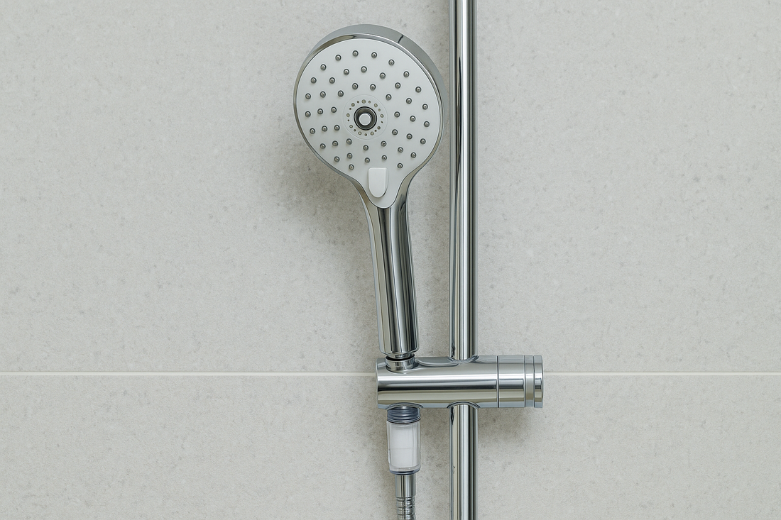 Chrome handheld showerhead with an inline water filter attached, mounted on a light gray tiled bathroom wall.