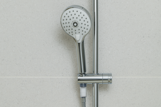 Chrome handheld showerhead with an inline water filter attached, mounted on a light gray tiled bathroom wall.