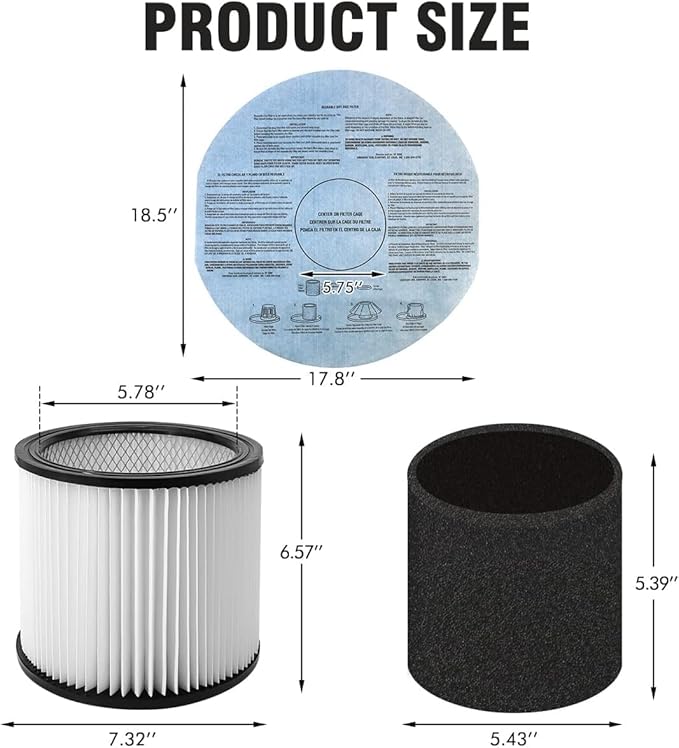 12 PCS Cartridge Filter 90304 Compatible with Shop Vac 90350 90333 5 Gallon and above,with 90585 Foam Filter, 90107 Filter,10-14 Gallon Vacuum Bags,Retaining Bands