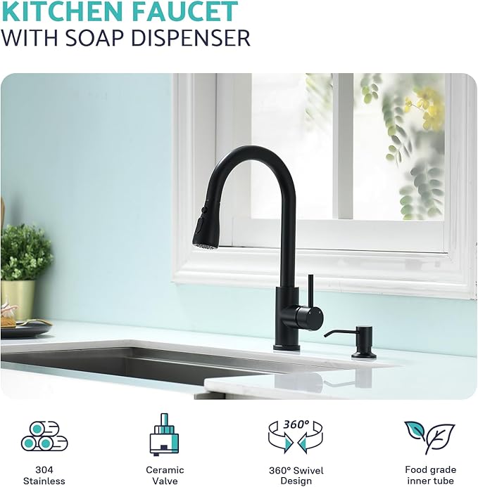 Kicimpro Black Kitchen Sink Faucet with Soap Dispenser, 3 Modes Black Kitchen Faucet with Pull Down Sprayer and Soap Dispenser, 304 Stainless Matte Single Handle Kitchen Faucets with Water Lines