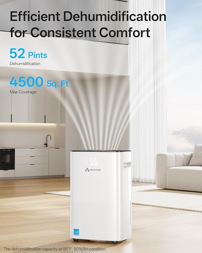 Dehumidifier for Basement, 52 Pints Dehumidifiers for Bedroom Bathroom Large Room Home, 4500 Sq.Ft Dehumidifier with Drain Hose, 2025 Energy Star Certificate, Humidity Control, 24H-Timer, Auto Defrost