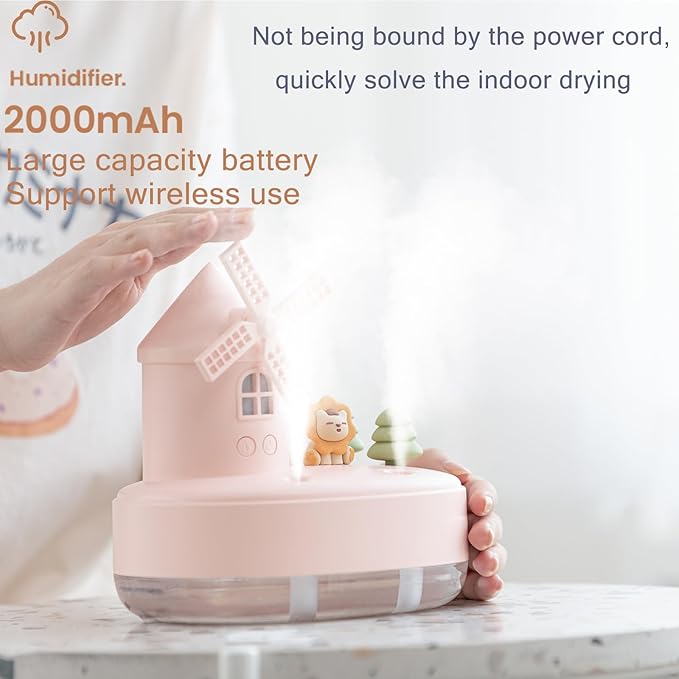 Ultrasonic Humidifiers for Bedroom and Office,Cold fog humidifier with music box, rotary windmill baby humidifier with night light, dual nozzle, two spray modes and ambient light