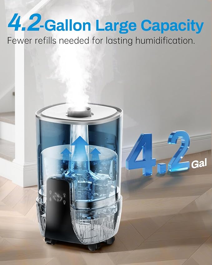Humidifier Large Room, 4.2Gal/16L Cool Mist Humidifiers for Bedroom Home 2000 sq.ft,Top Fill, 3 Stainless Steel Atomizers,360ยฐNozzle Extension Tube, Commercial/Office/Plants/Whole House, White