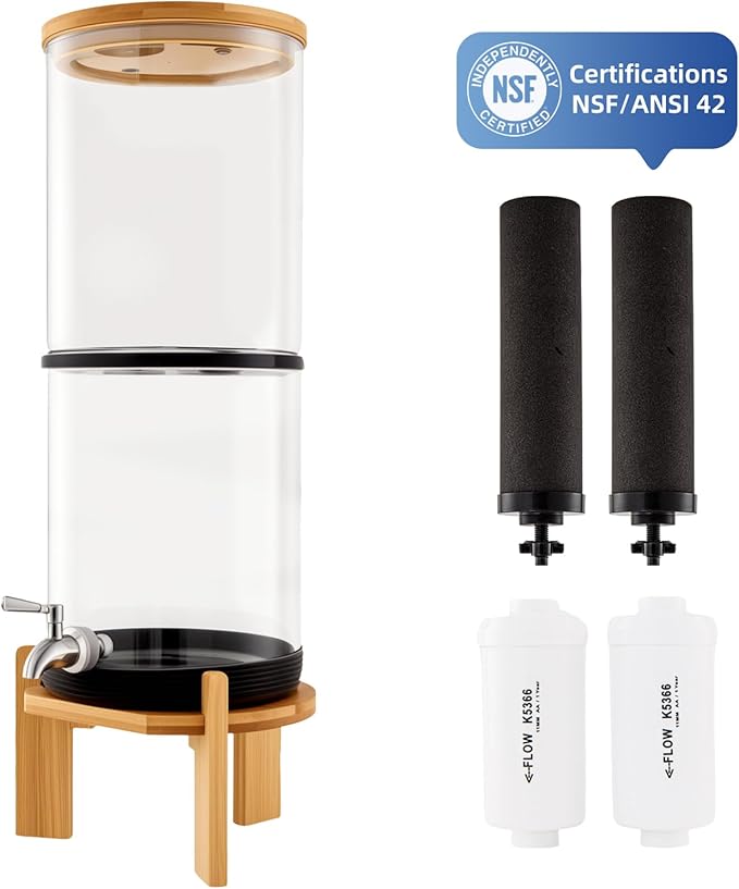 Gravity-Fed Water Filter System, Glass water filter, Glass Countertop Water Filtration Dispenser, with Wooden Stand and 2 Filters, 2.25 Gallon,for Home and Office