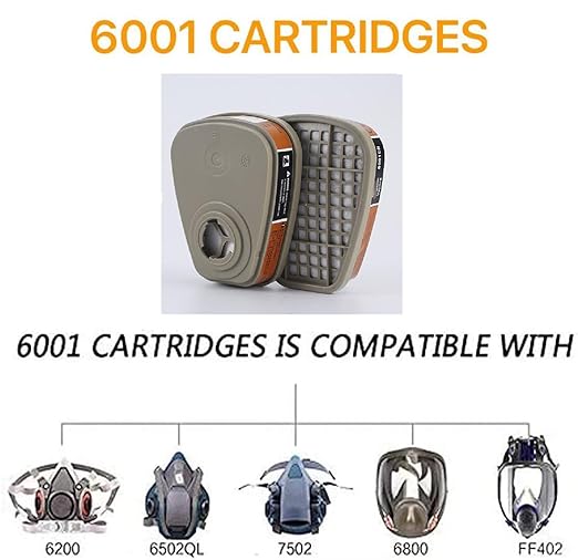 6001 Activated Carbon Filter Cartridges Replacement for Gas Respirator, Pack of 2 Individual Filter Cartridges, Suitable for 6100/6200/7501/7502/6502/6800
