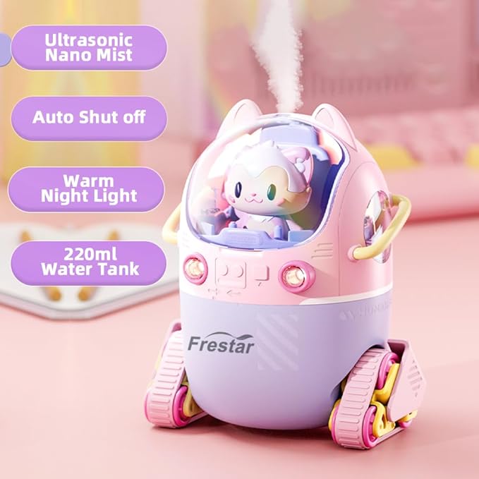 Mini USB Humidifier 220ml with LED Night Light, Small Cute Humidifier Bulit in Adorable Doll for Kids, Plant, Bedroom, Office, Desk, Babies Room, No Battery(Pink-Huhu)