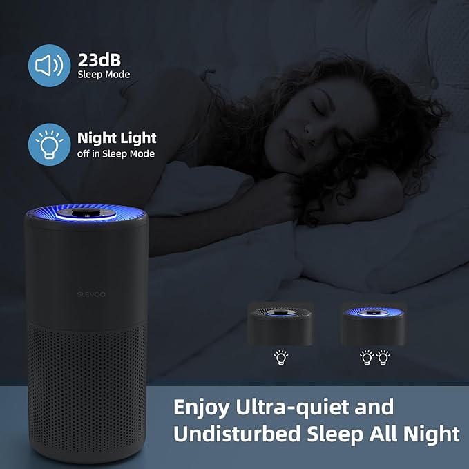 SLEVOO Air Purifier for Home Bedroom up to 1015 ft², Allergies Pet Hair, 3-in-1 Filter with hepa Air Purifier, Ultra Quiet 24 DB Sleep Mode,Aromatherapy,clean for Allergies,Pollutants,Smoke (Gray)