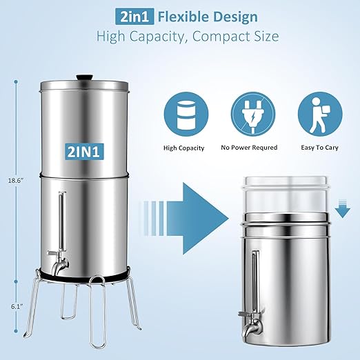 2.25G Ultra-Filtration Gravity Water Filter System,304 Stainless Steel Countertop System with 2 Carbon Filters and Stand ,NSF/ANSI 42 Certification,Reduce 99.9% Chlorine