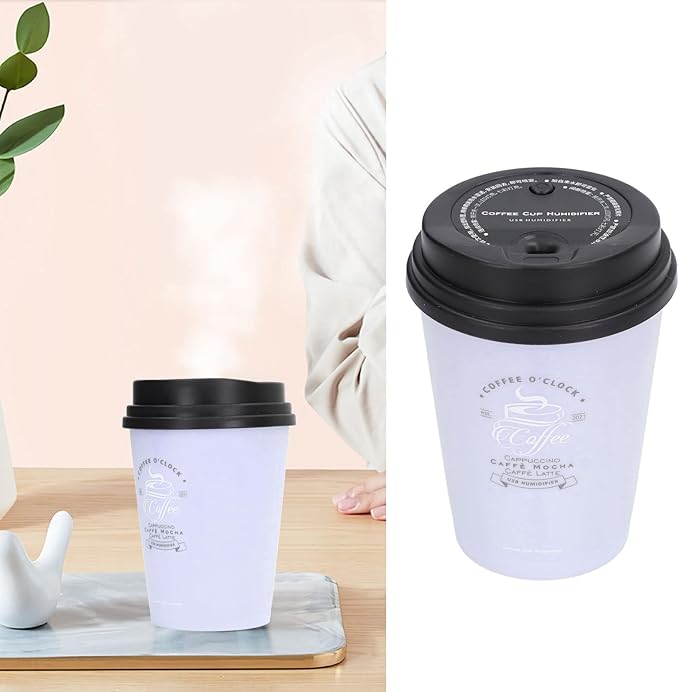 Mini Humidifier, USB 300ml Coffee Cup Low Noise Auto Off Desk Humidifier, Car Humidifier Diffuser, Small Humidifier, Portable Humidifier for Travel, Cute Humidifiers for Bedroom Home Office(Purple)
