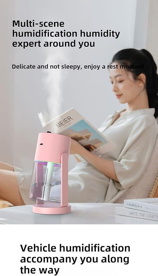 Bedroom humidifier, small humidifier with 280 ml water tank, up to 4-8 hours of operation, two modes, suitable for home, car