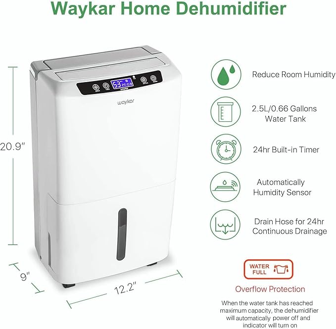 Waykar 2000 Sq. Ft Dehumidifier for Basement, Smart Compressor 34 Pints Dehumidifiers for home with Drain Hose and Water Tank.