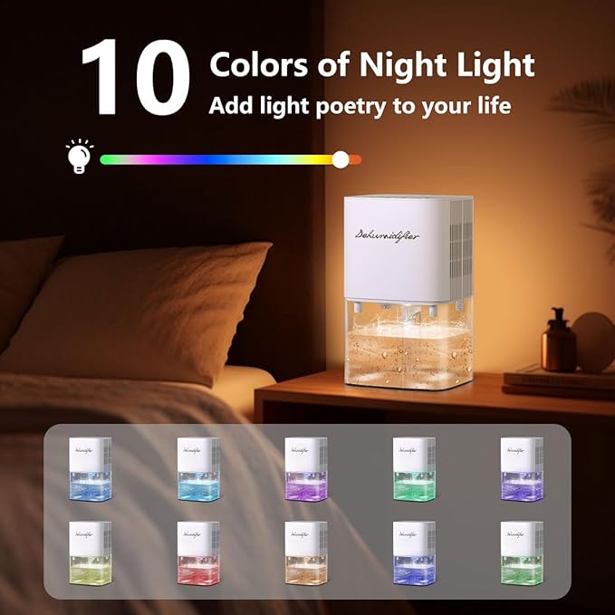 Dehumidifier 1800ML 63OZ Small Dehumidifiers for Home 230 Ft² Safety Dehumidification Adjustable 10 Color Lights 5 Timers 3 Setting Modes Auto Shut Off Protection Low Noise For Bedroom Bathroom