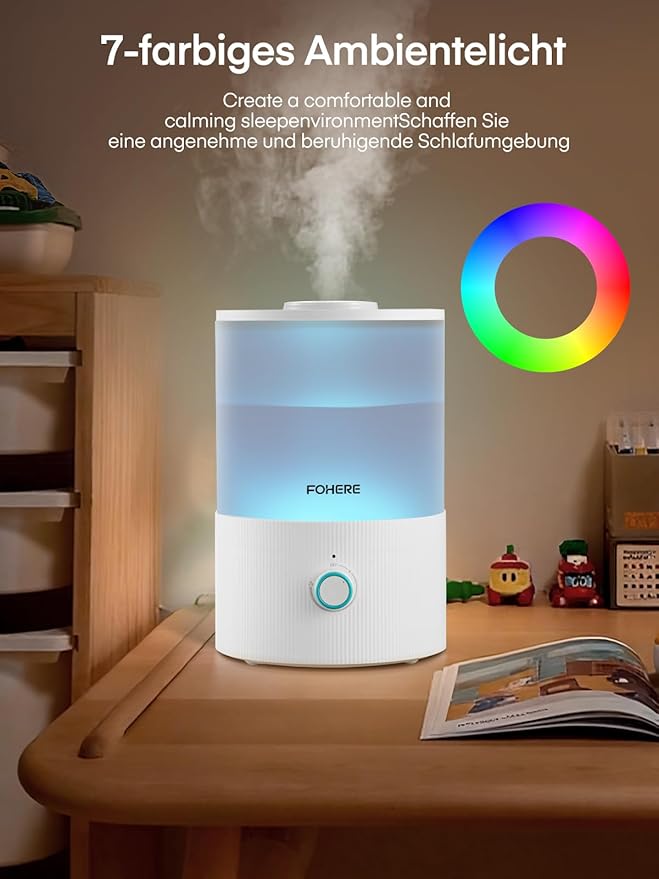 FOHERE Humidifiers for Bedroom, 3.2L Cool Mist Baby Humidifier, 28H Quiet Runtime, Auto Shut-Off, 7-Color Nightlight, Top-Fill, BPA-Free, Essential Oil Diffuser for Home, Room, Nursery, Plants,Office