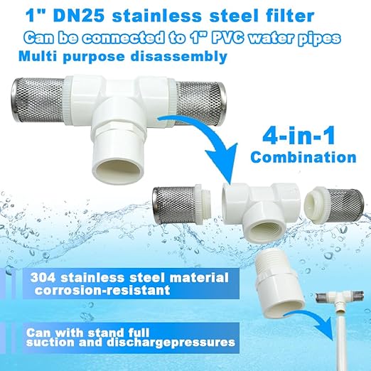 1" T Strainers Steel Filter Cover Connected to 1" PVC DN25 Water Pipe, Suction Hose 1 inch T Strainer Used to Remove Debris and Reduce Solid Entry