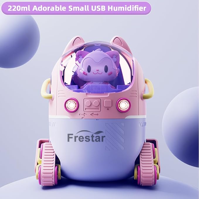 Mini USB Humidifier 220ml with LED Night Light, Small Cute Humidifier Bulit in Adorable Doll for Kids, Plant, Bedroom, Office, Desk, Babies Room, No Battery(Pink-Huhu)