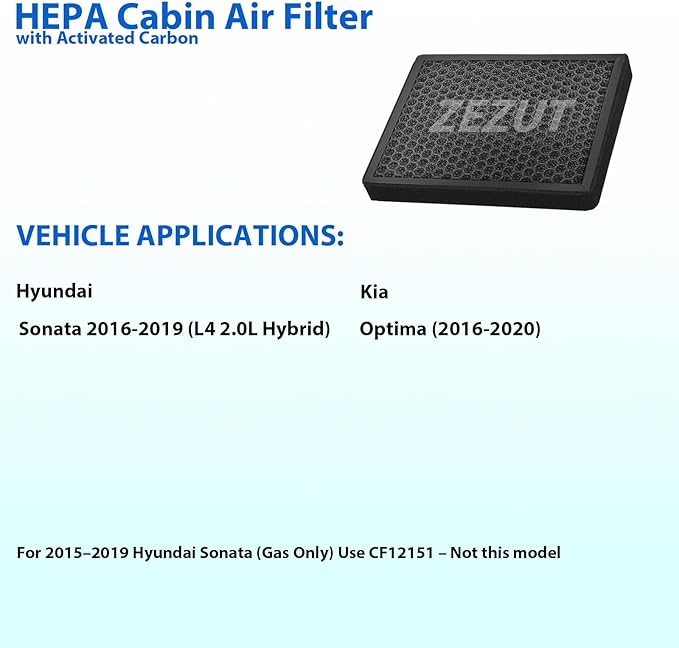 Cabin Air Filter CF12159 Fits 2016‑2019 Hyundai Sonata (L4 2.0L Hybrid Only) & Kia Optima (2016‑2020), Honeycomb Structure, Activated Carbon & Durable Frame