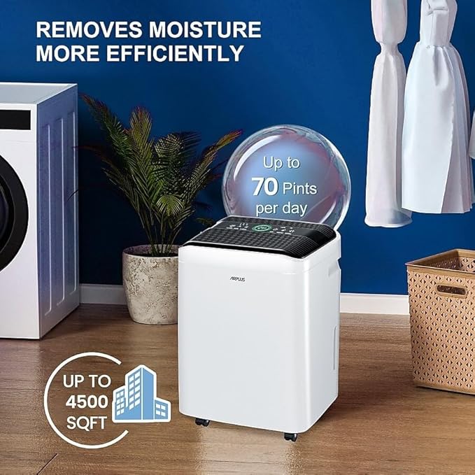 AIRPLUS 70 Pints Dehumidifiers for Home, 4500 Sq. Ft Dehumidifier for Basement with Drain Hose, Continuous Drainage, Intelligent Humidistat, Dehumidifier for bathroom, bedroom, Large Room