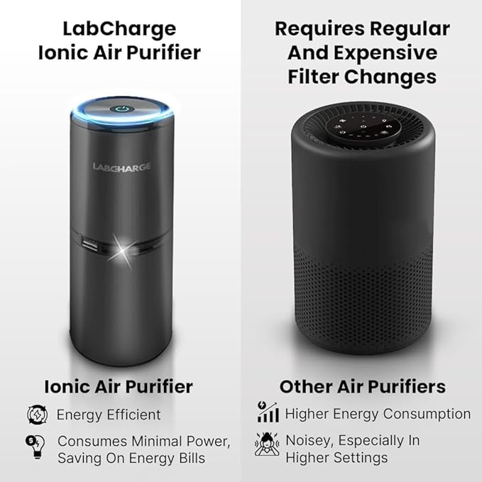 LabCharge Small Ionic Air Purifier for Home & Bedroom – Silent HEPA Filter – Covers 250 Sq Ft - Free Cleaner for Pets, Hair, Smoke, Dust, Odors & Dander – Compact & Black Design - Pack of 5