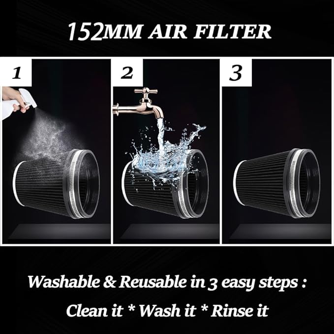 MUGE RACING 6" 152 mm High Flow Inlet Air Filter, Air Intake Cone Filter Replacement Performance Washable Clamp-On Dry, 6'' Tall(Black)