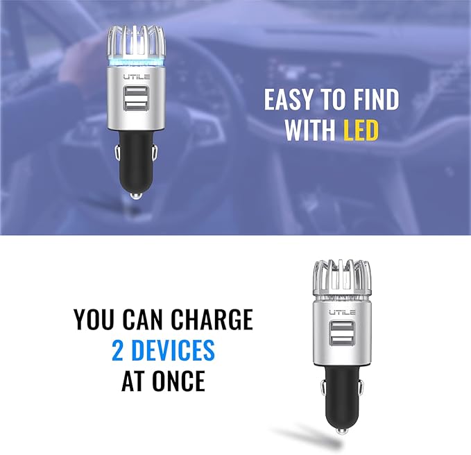 UTILE Car Ionizer Purifier with Dual USB Charger – Ionic Air Freshener for Odor Removal | 2.1A/0.8W USB Charging for Phone, Tablet and Other Devices (Silver, Pack of 1)