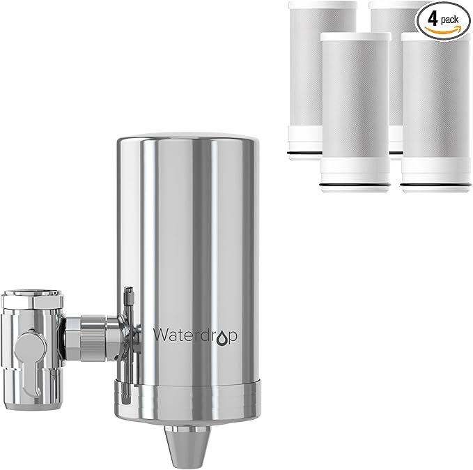 Waterdrop Water Filter for Sink Faucet, 360° Rotating Stainless Steel, NSF Certified Water Purifier for Kitchen Sink, 12 Months Long Lasting Tap Water Filter, Reduce Chlorine, 4 Filters