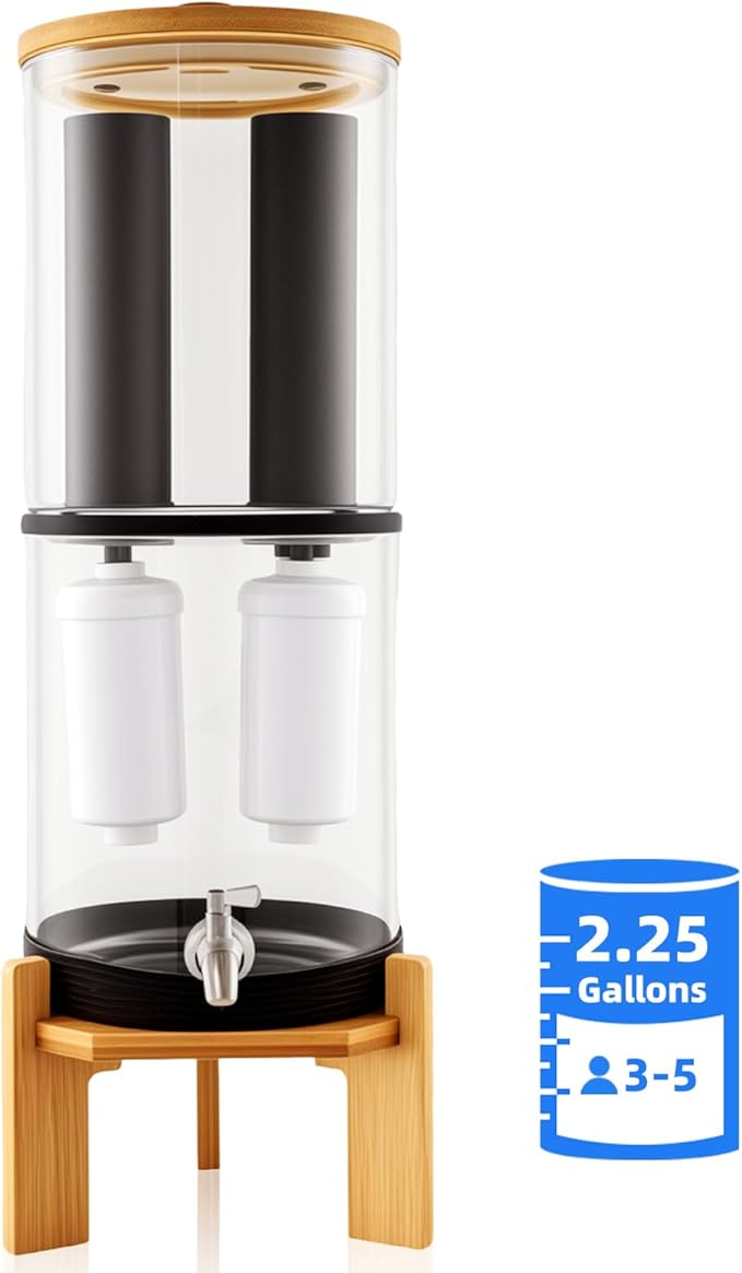 Gravity-Fed Water Filter System, Glass water filter, Glass Countertop Water Filtration Dispenser, with Wooden Stand and 2 Filters, 2.25 Gallon,for Home and Office
