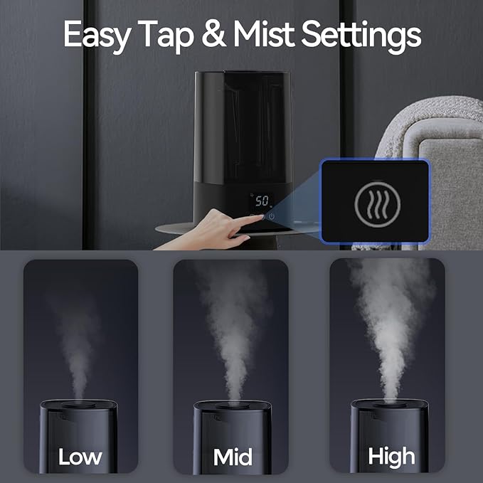 Automatic Humidifiers for Bedroom Large Room, 4.5L Cool Mist Humidifier for Home & Plant with Timer & Humidity Sensor, Last Up to 18H on High Setting, Auto Shut-Off, 360° Nozzle (Black)