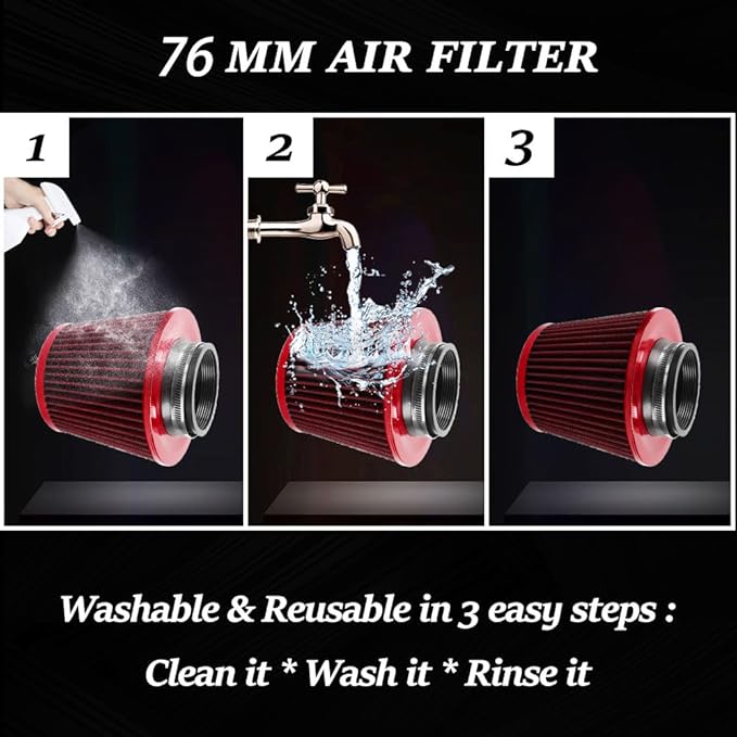 muge racing 3-inch Cold Air Intake Filter 76mm, High Performance Clamp-On Engine Intake Air Filter, Washable Reusable & Universal Round Tapered Replacement Air Filter, Red