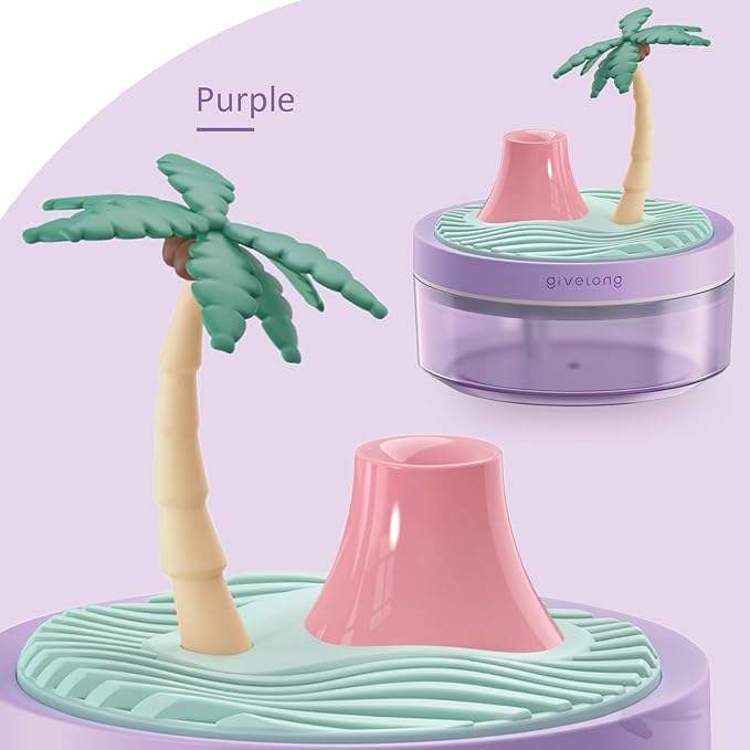 Mini Portable Desktop Humidifiers for Bedroom,Small Humidifier with Cocount Tree,Quiet,Cool Mist, Auto Off,7 Colors Night Light,320ml Air Humidifier Home Office Travel (PURPLE)