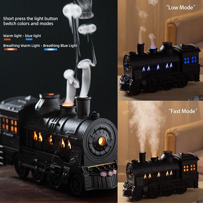 Oil Diffuser, Ultrasonic Cute Cooking Locomotive Steam Express Train Flame Aroma Diffuser Humidifier Cool Mist with Jellyfish Smokes, Lights & Sound, for Men, Dad, Kids, Boyfriend