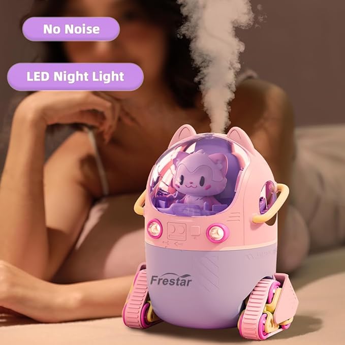 Mini USB Humidifier 220ml with LED Night Light, Small Cute Humidifier Bulit in Adorable Doll for Kids, Plant, Bedroom, Office, Desk, Babies Room, No Battery(Pink-Huhu)