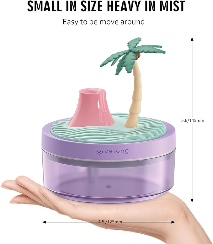 Mini Portable Desktop Humidifiers for Bedroom,Small Humidifier with Cocount Tree,Quiet,Cool Mist, Auto Off,7 Colors Night Light,320ml Air Humidifier Home Office Travel (PURPLE)