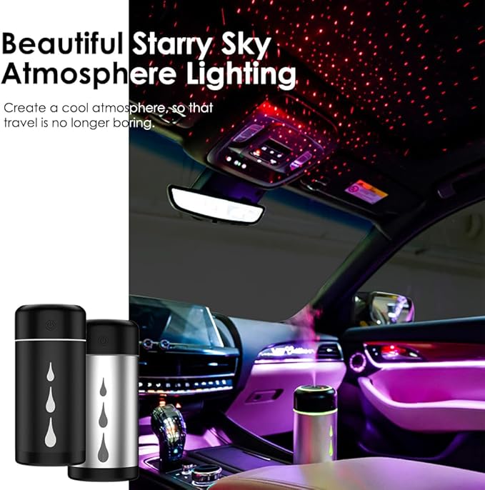 Desk Cool Mist Humidifiers, Portable Car Humidifier Diffuser with Star Night Light, Mini Humidifier Essential Oil for Car Office Desktop Bedroom (Silver)