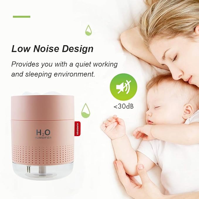Portable Small Humidifier,500ml Air Humidifier for Plant,Night Light Function,Super Quite,Auto Shut-Off,USB Personal Cool Mist Humidifier for Bedroom,Baby Room,Office,Travel,Car,Home(Pink)