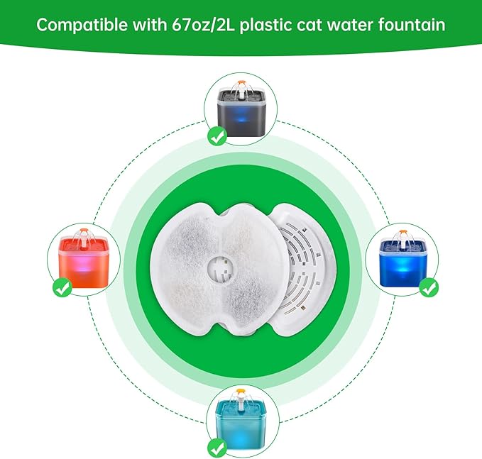 8 Packs Cat Water Fountain Filters for Ultra Silent Cat Fountain 67oz/2L with LED Night Light, Triple Filtration System Activated Carbon Filter with Pre-Filter Sponges for Pet Water Fountain
