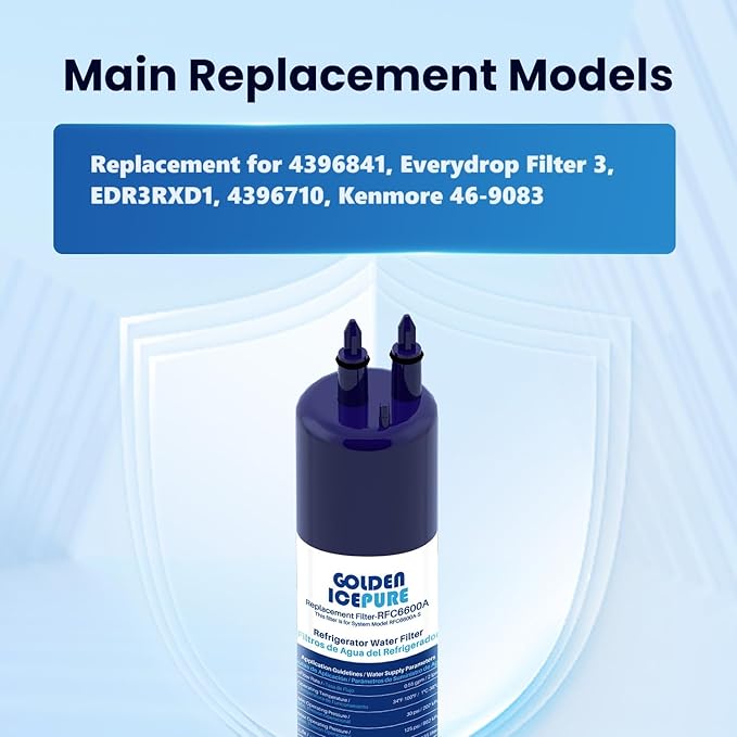 GOLDEN ICEPURE RFC6600A Replacement for 4396841, 4396710, Everydrop® Filter 3, EDR3RXD1, Kenmore 46-9083, 46-9030, Refrigerator Water Filter 2 Pack