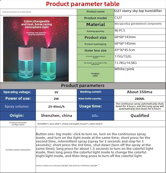 Bedroom humidifier, small humidifier with 280 ml water tank, up to 4-8 hours of operation, two modes, suitable for home, car