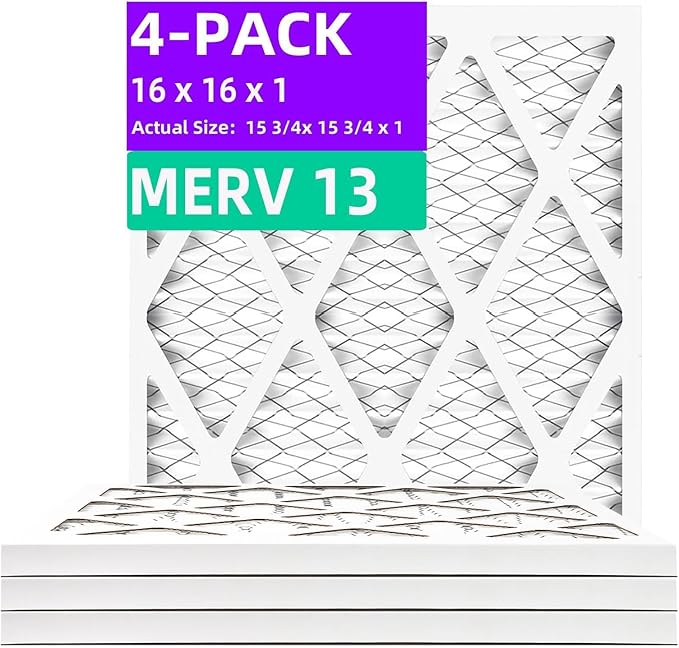 16x16x1 MERV 13 (4-Pack) Pleated Air Filter (Actual Size: 15.75"x15.75"x0.75") MPR 1900 & FPR 10, Furnace Air Filters,16x16x1 air filter