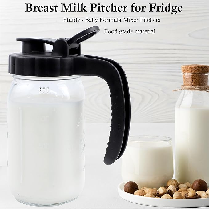 Glass Mason Jars Pitcher 32 Oz Pour Spout Lids & Handle (2 Set) Wide Mouth Airtight Leak Proof Fridge Breast Milk Pitcher With Top Flip Cap 1 Quart Water Jug For Cold Brew Coffee, Iced Tea, Beverage