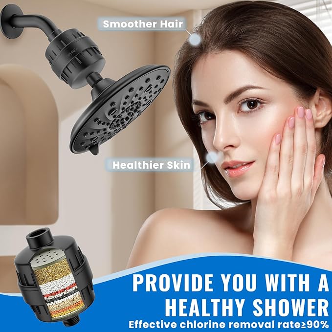 Heavy Duty Shower Filter, Shower Water Filter, 99% REMOVAL Shower Head Filter for Hard Water, Heavy Metals, Chlorine, Enhanced Water Filtration for Healthier Skin and Hair (Black)