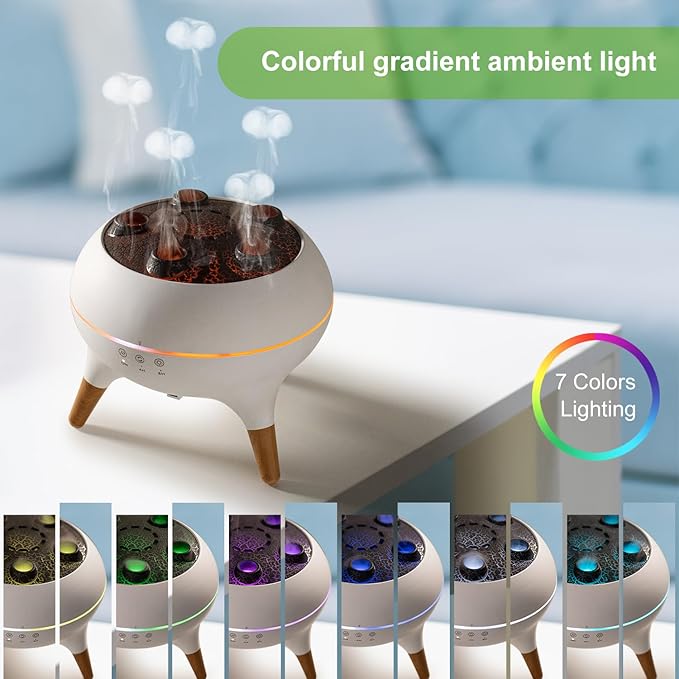 Jellyfish Diffuser 250ML, Volcano Diffuser Aroma Diffusers Air Humidifiers 7Color LED, 5 Rings Dynamic Sound Pickup Ultrasonic Aromatherapy Fragrant for Bedroom Office (White)