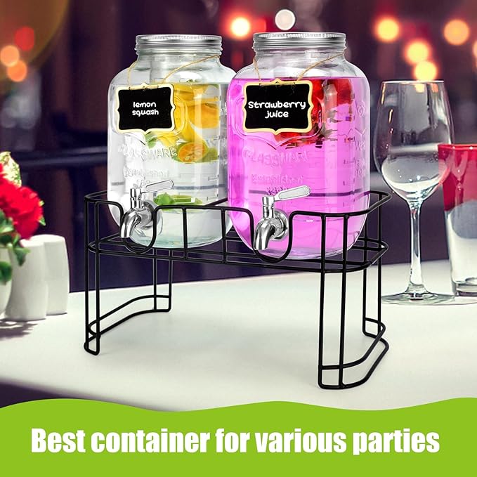 1 Gallon Glass Drink Dispensers For Parties 2PACK.Beverage Dispenser,Drink Dispenser With Stand And Stainless Steel Spigot 100% Leakproof.Glass Drink Dispenser With Ice Cylinder. Lemonade