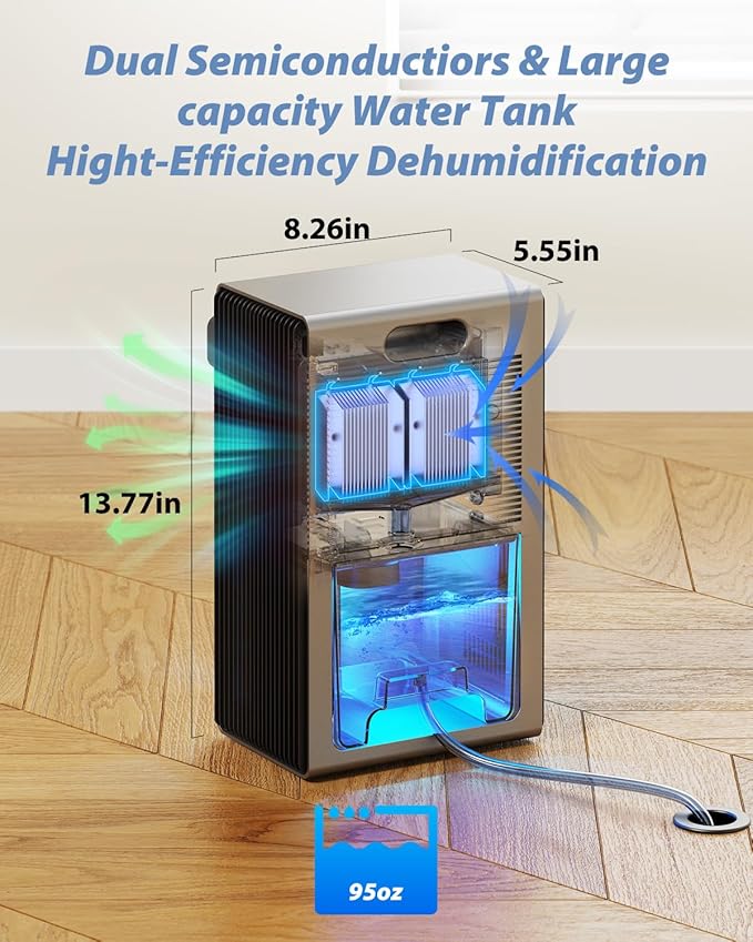 Dehumidifier, 95 OZ Dehumidifiers for Home (800 sq.ft), Quiet Small Dehumidifiers for Bedroom Bathroom Basements Closet RV, Auto Shut Off, Two Working Models and 7 Colors LED(Gery)