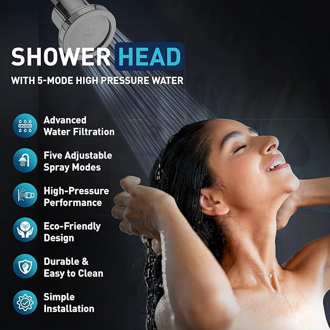 Mist Filtered Shower Head Filter for Hard Water with 5-mode High Pressure Water, Revitalizing 15 Stage Filtration Shower Water Softener Shower Head