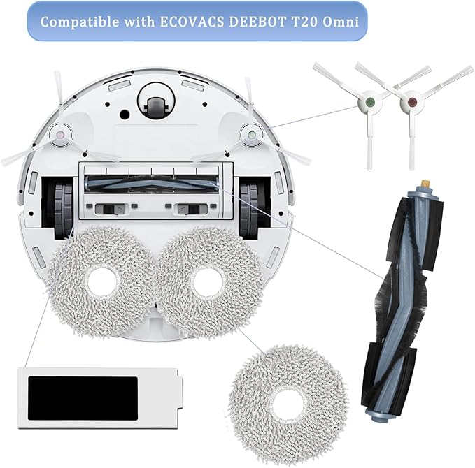 GYLBF Accessories Kit for Ecovacs Deebot T20 Omni, Replacement Parts for Ecovacs Deebot T20 e Omni Vacuum Cleaner, 1 Main Brush, 2 HEPA Filters, 4 Sidebrushes, 4 Mop Pads, 4 Dust Bags