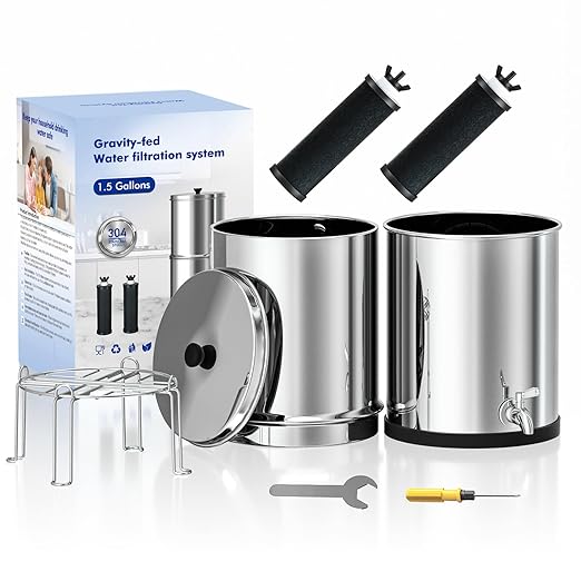 Purewell Gravity-Fed Water Filter System, 1.5 Gallon Stainless Steel Countertop Filtration System with 2 Black Purification Elements and Metal Spigot for Home and Outdoor Use(with Stand)
