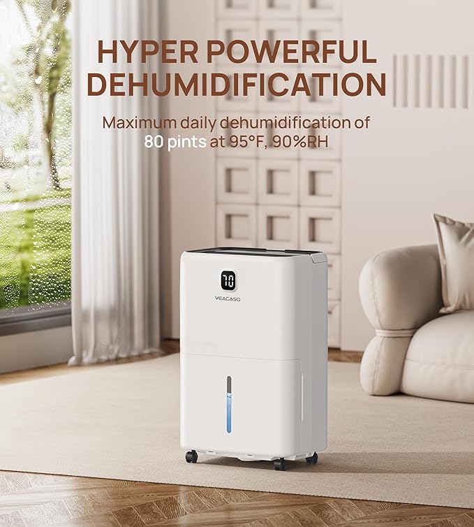5500 Sq. Ft Dehumidifier for Basement with Drain Hose 80 Pints, VEAGASO Dehumidifiers for Home, Large Room, Bathroom, Bedroom, Three Modes, Intelligent Humidity Control, Dry Clothes, 24HR Timer