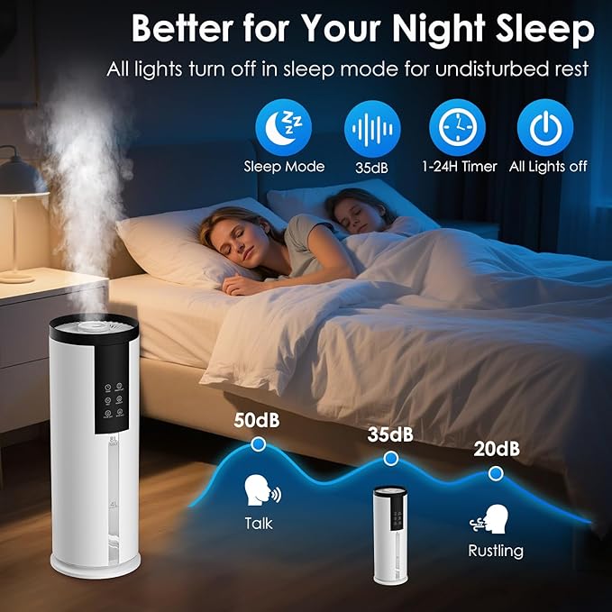 Humidifiers for Bedroom - GloryAir 2.11Gal (8L) Quiet Top Fill Cool & Warm Mist Humidifier Large Room 650 ftΒ² with Humidistat, diffuser, Auto Mode, 7-Color Light for Plants, Baby,Adults, Office & Home